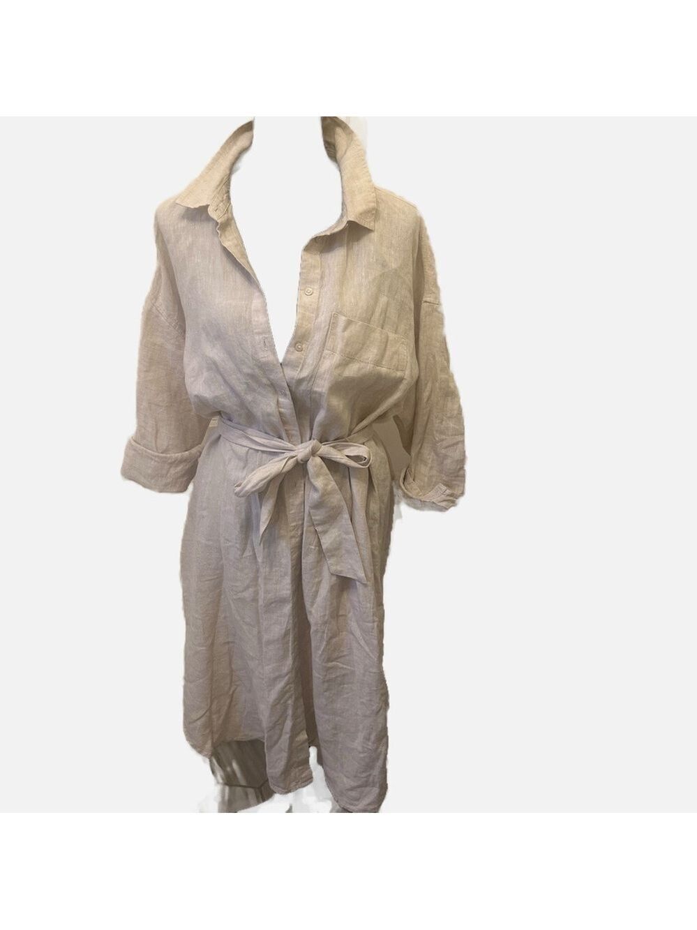 C&A Cream Linen Shirt Dress with Belt Coastal Resort Lagenlook Summer Classy